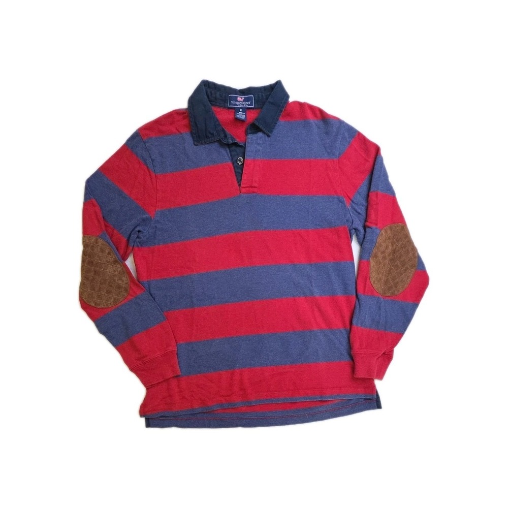 Vineyard Vines Mens Rugby Polo‎ Shirt Leather Elbow Patch Striped Red Blue M